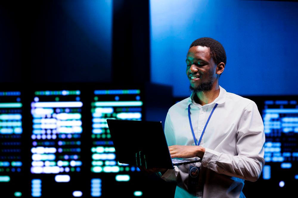 An engineer monitoring high-performance server infrastructure