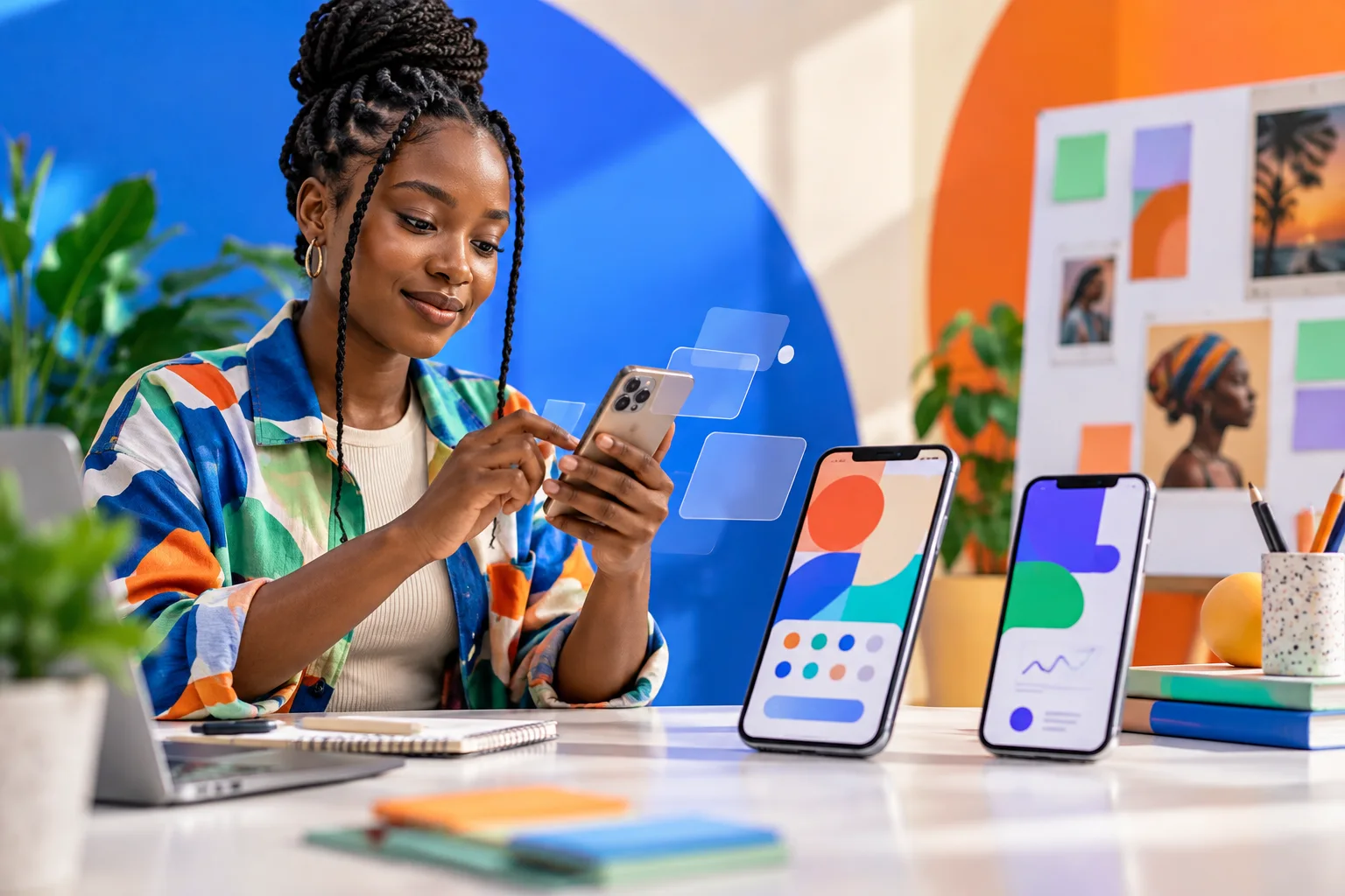 A mobile product designer testing an app in a vibrant studio