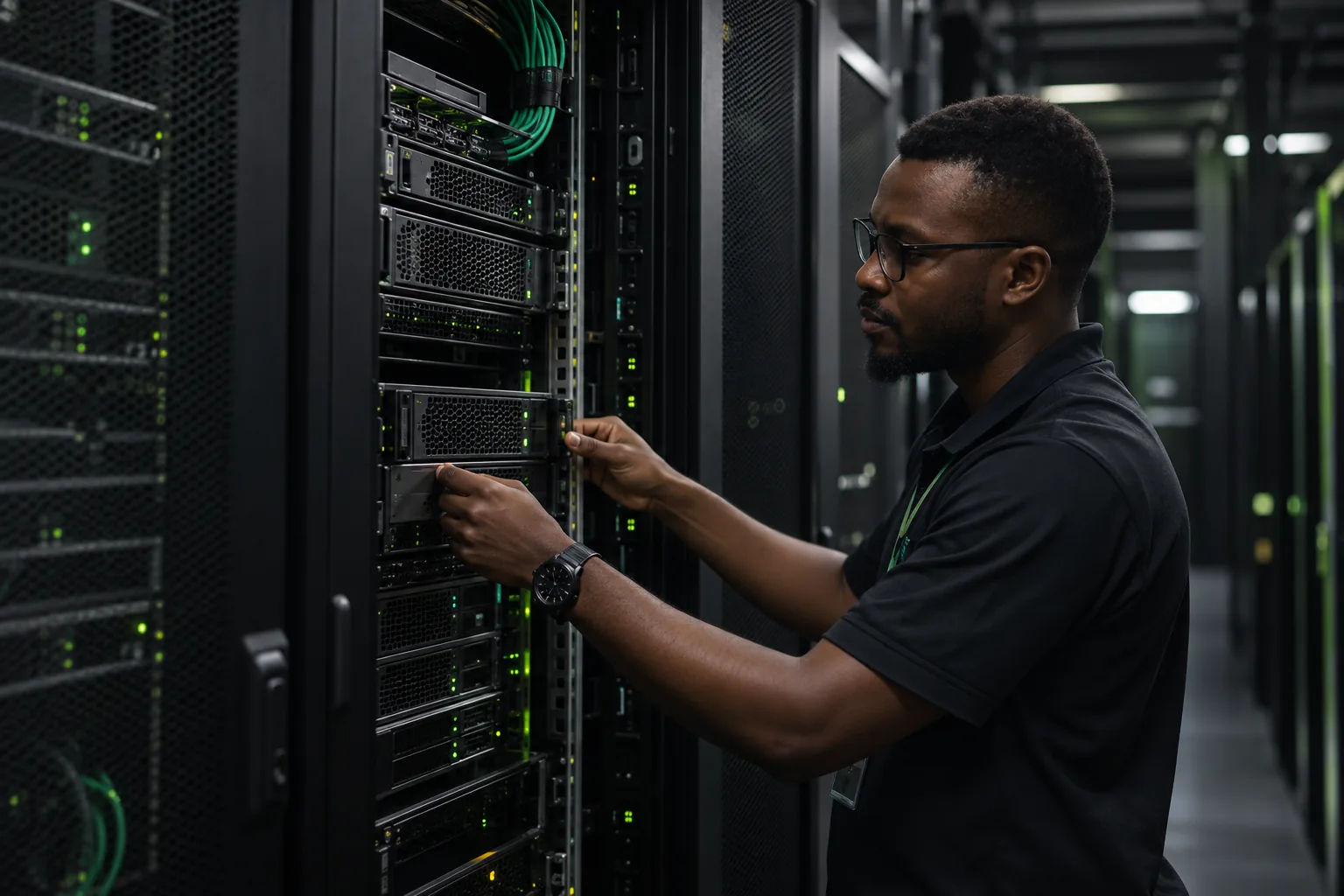 An engineer checking server equipment in a data centre
