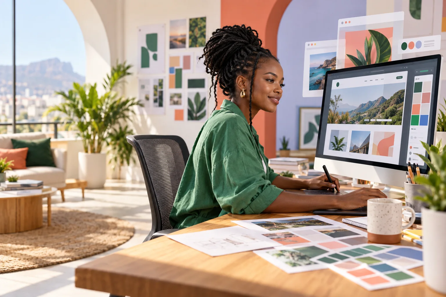 A web designer creating a modern website in a bright studio